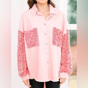 Fantastic Fawn Georgia Peach Oversized Sequin Shacket Jacket - Pink